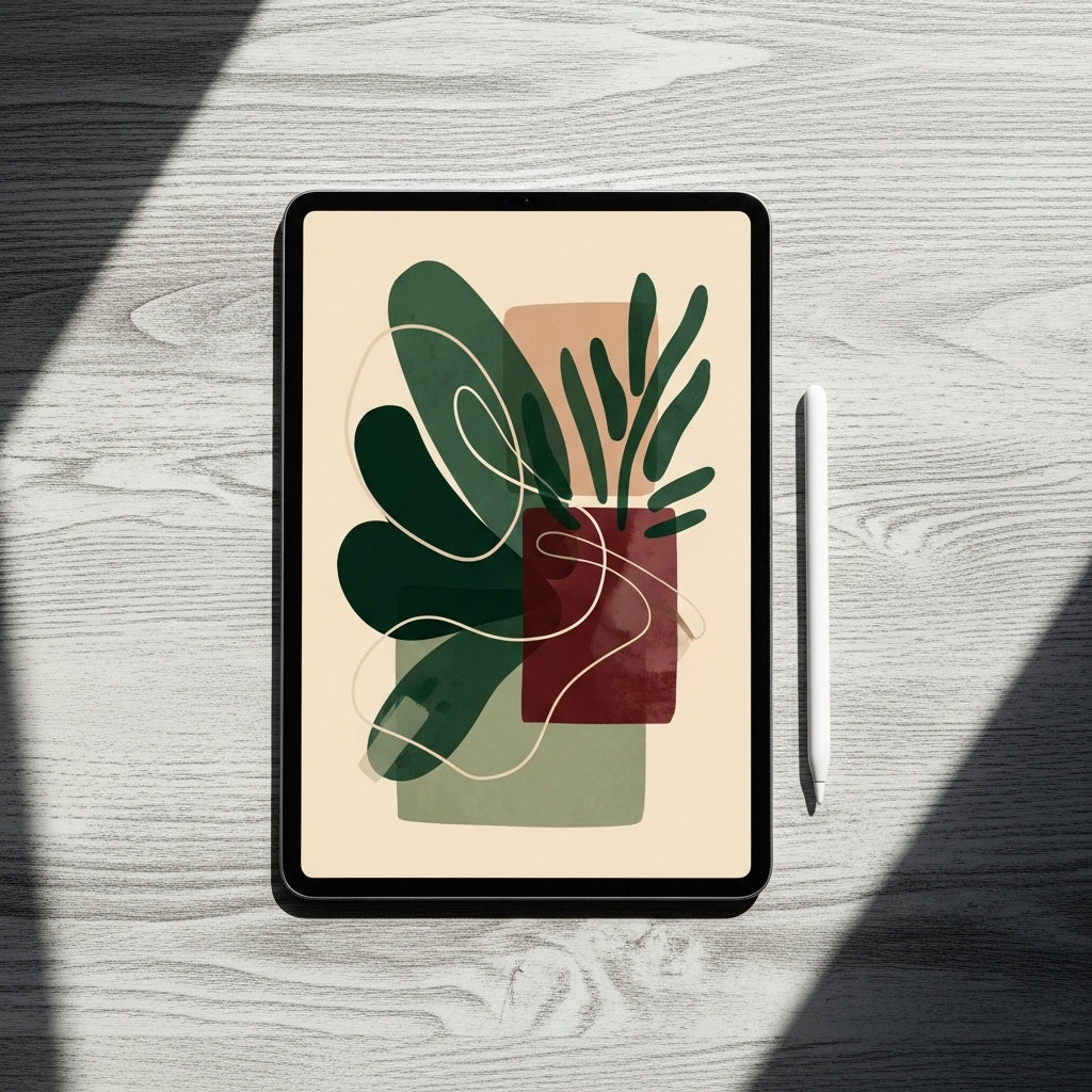 Prikaz digitalnih izdelkov na tabličnem računalniku: zaslon prikazuje estetsko abstraktno umetnost z organskimi oblikami v gozdno zeleni in bordo rdeči barvi. Tablica in digitalno pisalo ležita na sivi leseni mizi.