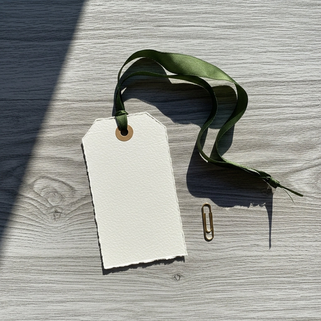 Minimalistična darilna oznaka (tag) iz teksturiranega belega papirja z medeninastim obročkom in zelenim svilenim trakom. Poleg leži medeninasta sponka na sivi leseni mizi.