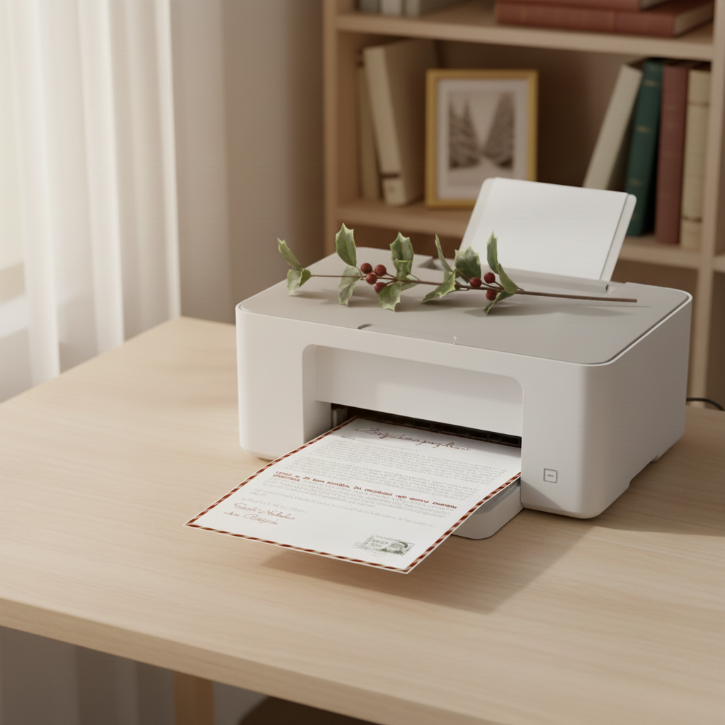 Tiskalnik tiska digitalno pismo Božička na mizi. Prikaz hitre in enostavne uporabe digitalne predloge za tiskanje doma.