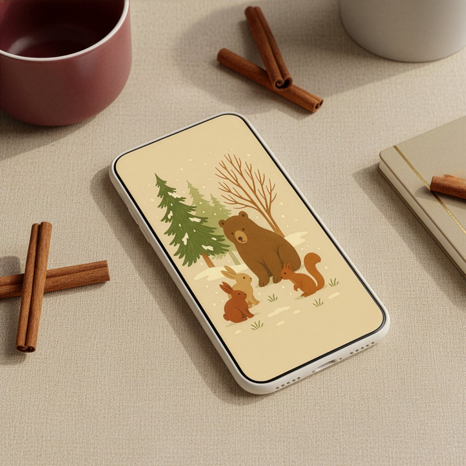 Digitalni izdelek Letera: Ilustracija medveda, zajčka in veverice v zimskem gozdu, prikazana na mobilnem telefonu. Digitalne tapete z unikatnimi motivi.