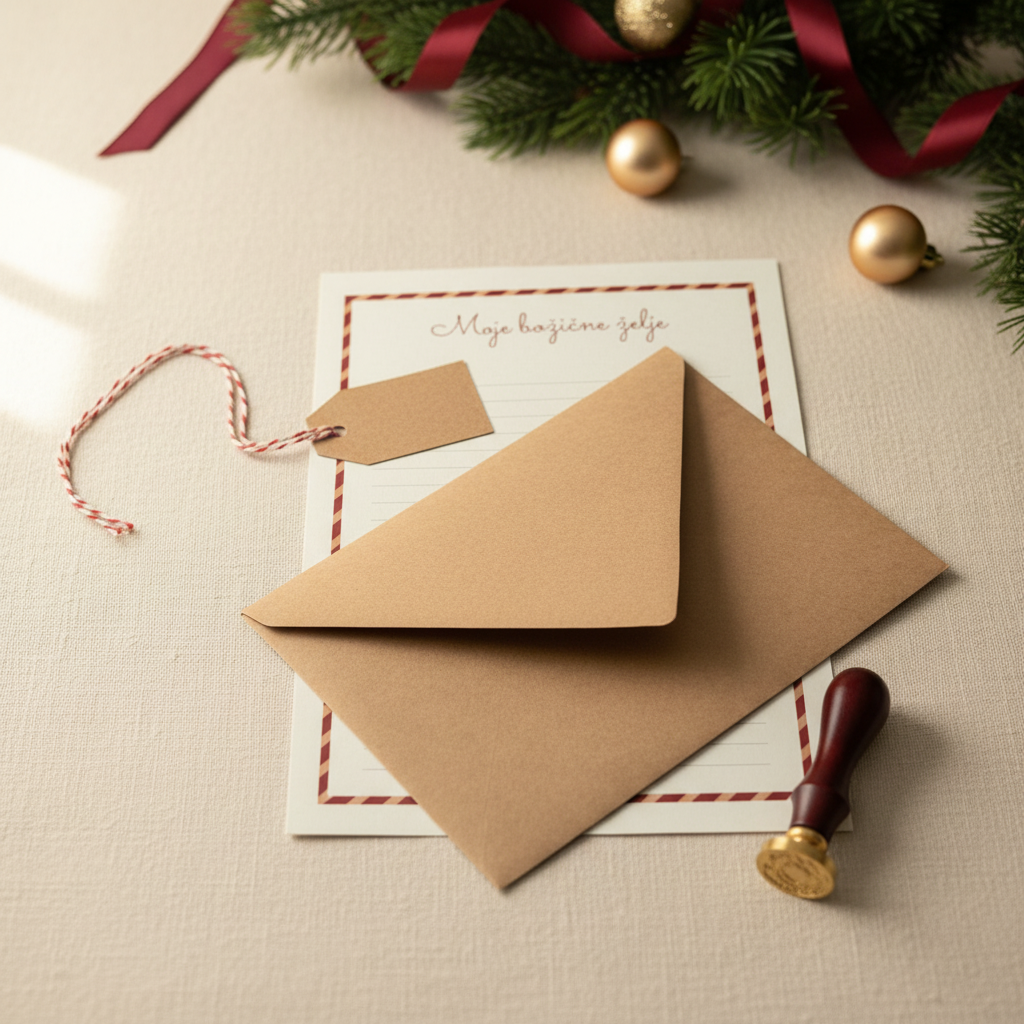 Premium božični set pisma 'Moje božične želje' in kraft ovojnice. Vključuje klasičen voščeni pečat. Popolno darilo za ustvarjanje prazničnih spominov Letera.