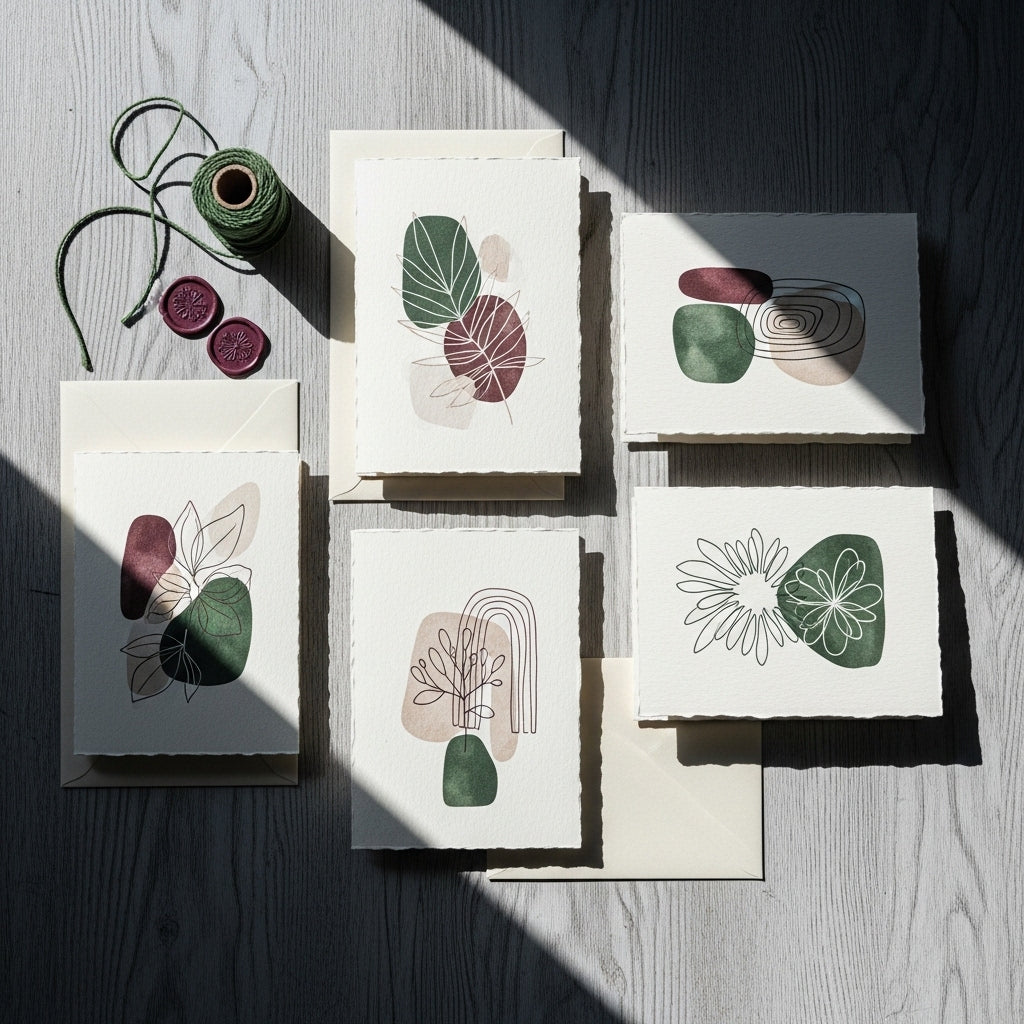 Kolekcija minimalističnih umetniških voščilnic na sivi leseni mizi. Prepognjene kartice krasijo abstraktni botanični motivi in črtna risba v gozdno zeleni in bordo rdeči barvi. Zraven so priložene krem kuverte, zelena vrvica in voščeni pečati.