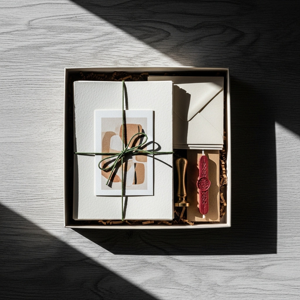 Odprta darilna škatla na sivi leseni mizi, ki vsebuje popoln set za pisanje pisem: sveženj teksturiranega papirja zvezan z zeleno vrvico, kuverte, medeninast pečatnik in rdeč pečatni vosek.