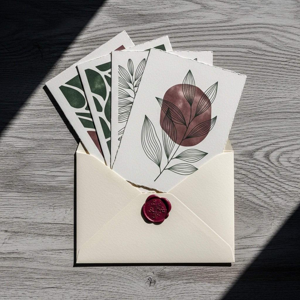 Mesečna naročnina na pisemski pribor: odprta bež kuverta z bordo pečatom razkriva set umetniških voščilnic z abstraktnimi botaničnimi motivi v zeleni in rdeči barvi na sivi leseni mizi.