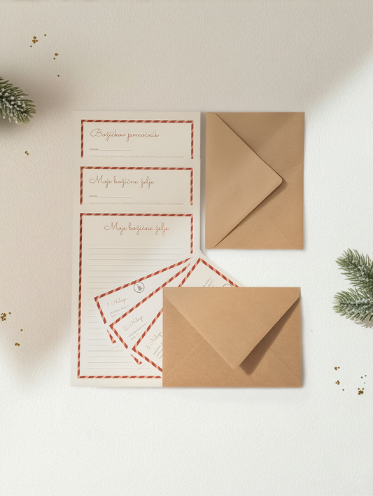 Minimalističen set kartic 'Božičkov pomočnik' in 'Moje božične želje' z rjavimi ovojnicami, pripravljen za pisanje najlepših božičnih želja. Letera komplet za punce.
