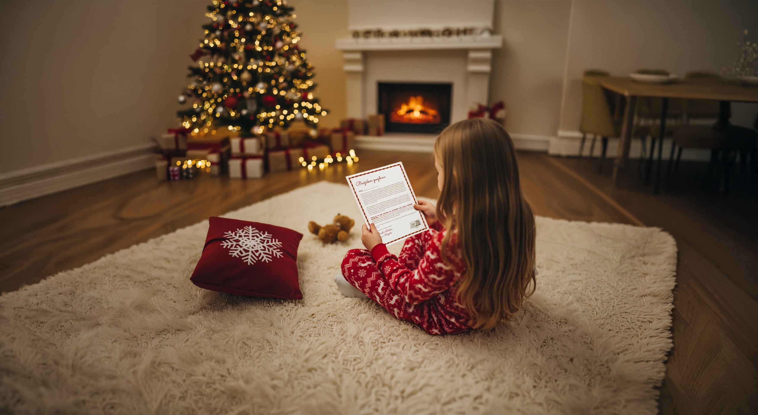 Majhna deklica v božični pižami bere osebno pismo Božička ob kaminu in božičnem drevescu. Ustvarite nepozabno božično čarovnijo z najlepšim otroškim darilom, naročite pismo Božička.