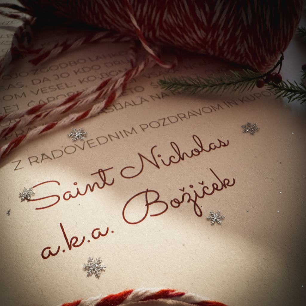 Premium pismo za Božička z napisom Saint Nicholas a.k.a. Božiček, zavit v rdeče-belo vrvico. Visoka kakovost in vintage božični dizajn Letera.