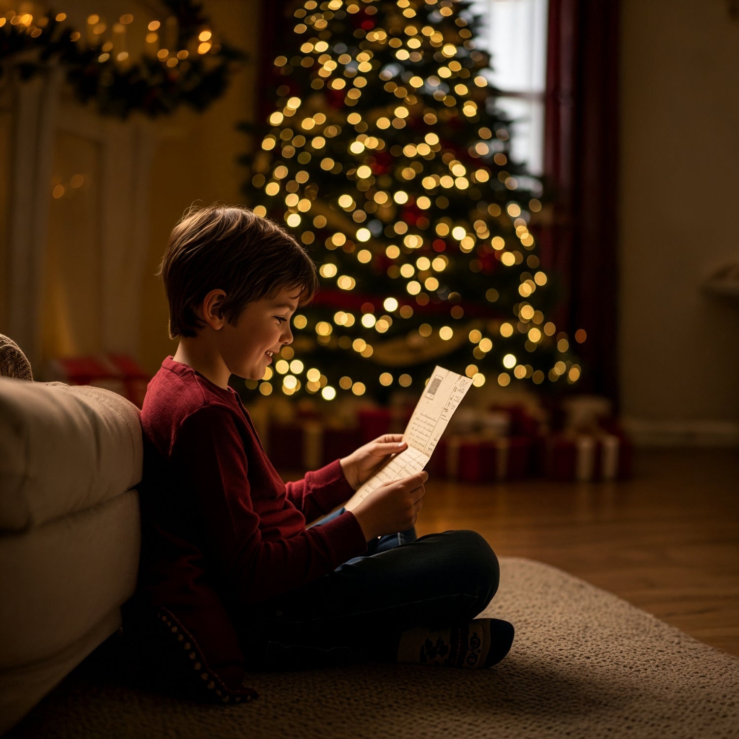 Nasmejan deček ob soju božične jelke bere pismo Božička. Prikaz čarobnega trenutka in pristnega otroškega veselja ob prejemu pisma iz paketa Letera.